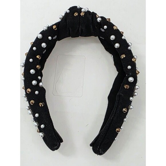 Lele Sadoughi woven pearl Knotted Headband Jet velvet Headband Gold stud main image 6